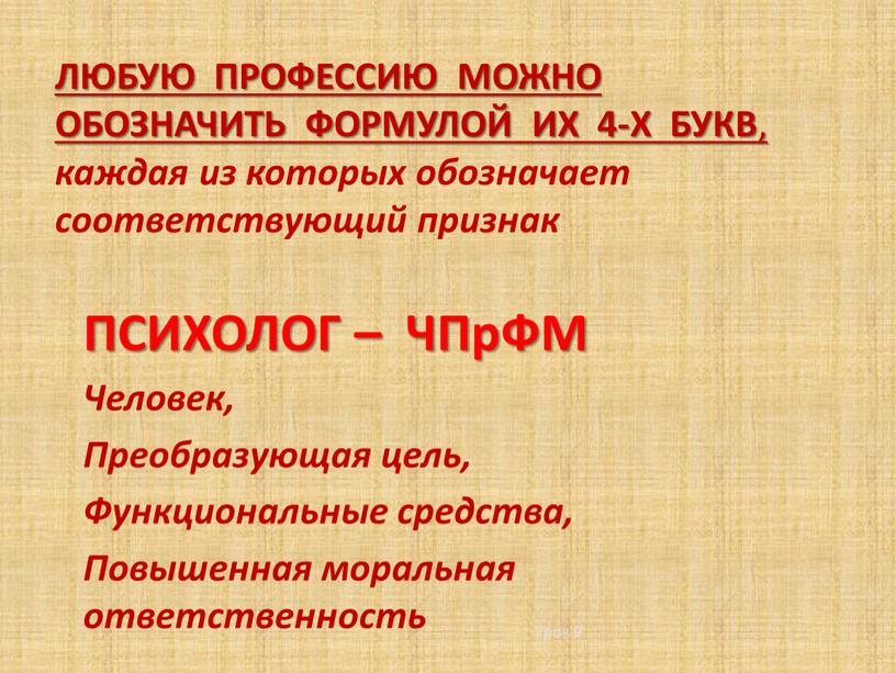 Урок 9 Любую профессию можно обозначить формулой их 4-х букв , каждая из которых обозначает соответствующий признак