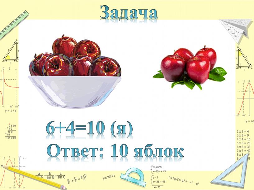 Задача 6+4=10 (я) Ответ: 10 яблок