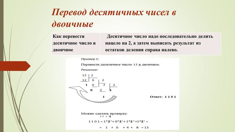 Перевод десятичных чисел в двоичные