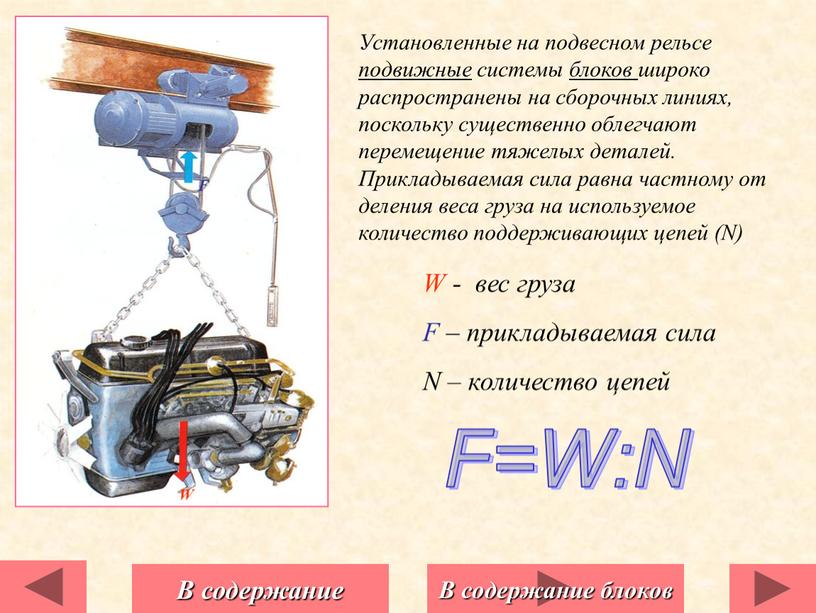 F=W:N Установленные на подвесном рельсе подвижные системы блоков широко распространены на сборочных линиях, поскольку существенно облегчают перемещение тяжелых деталей