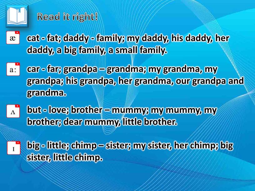 Read it right! cat - fat; daddy - family; my daddy, his daddy, her daddy, a big family, a small family