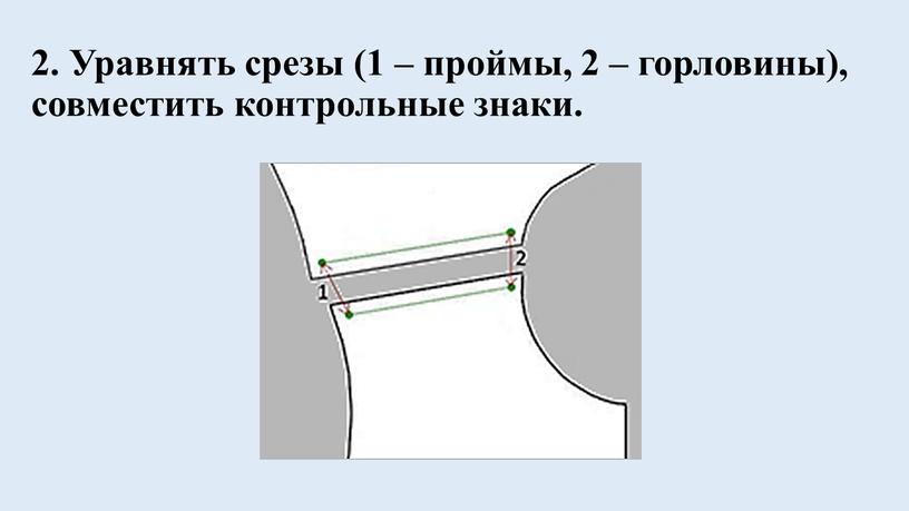 Уравнять срезы (1 – проймы, 2 – горловины), совместить контрольные знаки