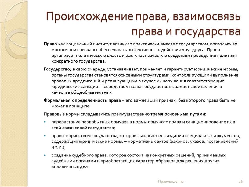 Происхождение права, взаимосвязь права и государства