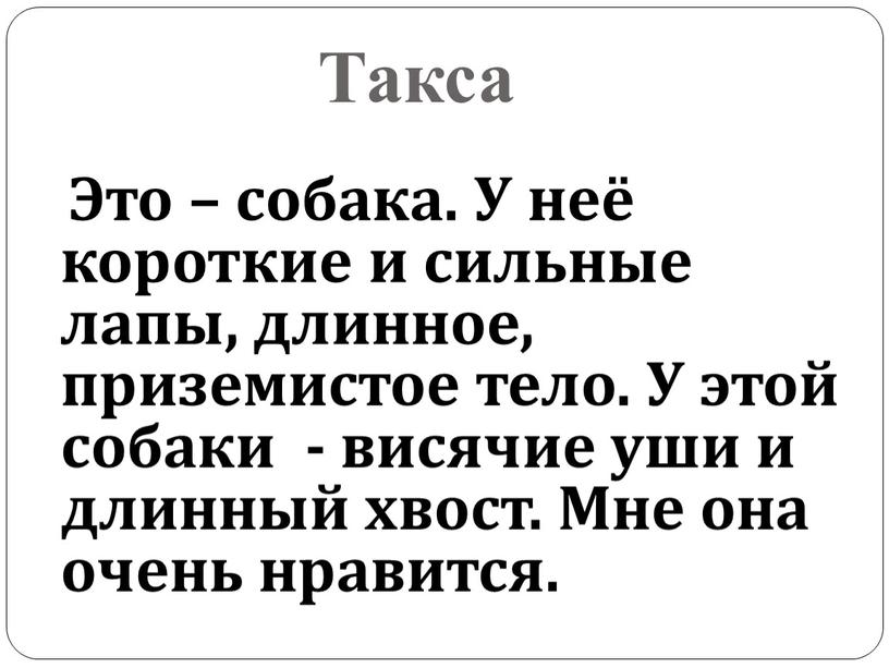 Это – собака. У неё короткие и сильные лапы, длинное, приземистое тело