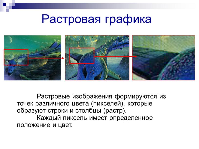 Растровая графика Растровые изображения формируются из точек различного цвета (пикселей), которые образуют строки и столбцы (растр)