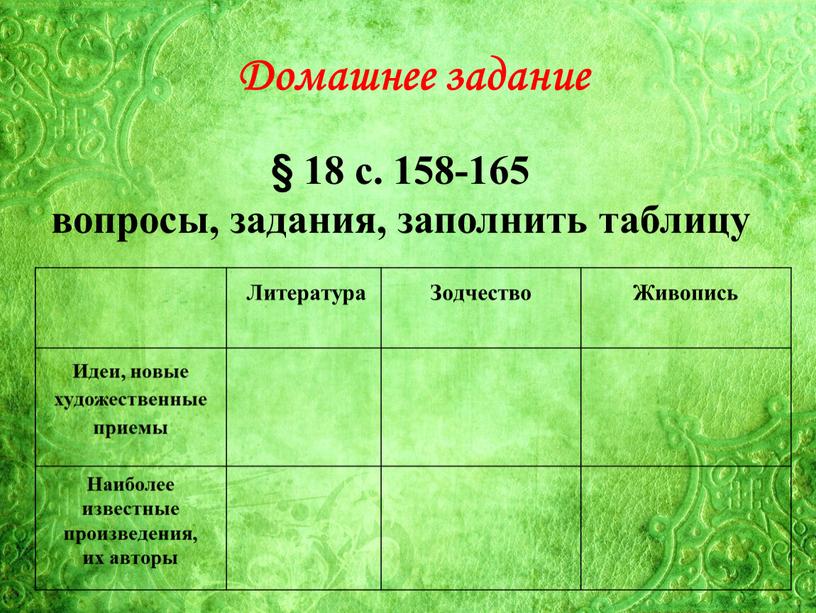 Домашнее задание § 18 с. 158-165 вопросы, задания, заполнить таблицу