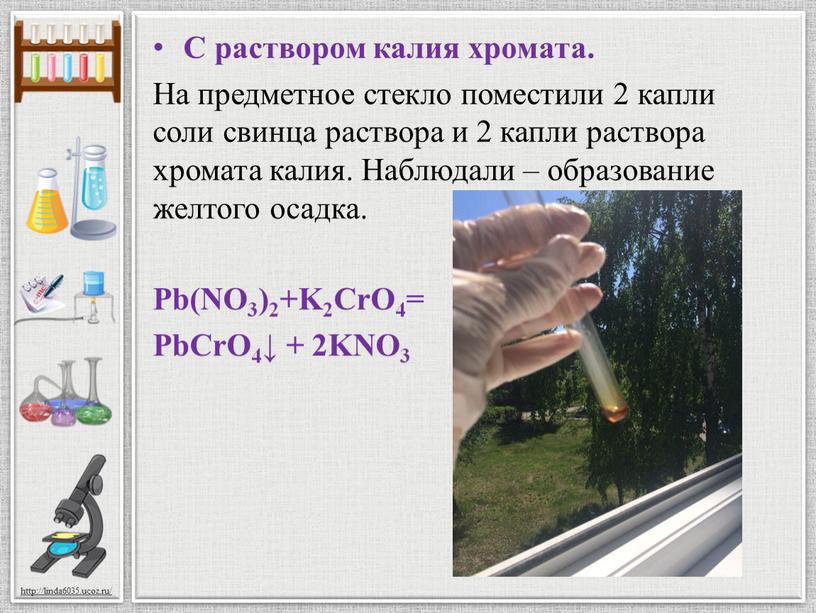 С раствором калия хромата. На предметное стекло поместили 2 капли соли свинца раствора и 2 капли раствора хромата калия