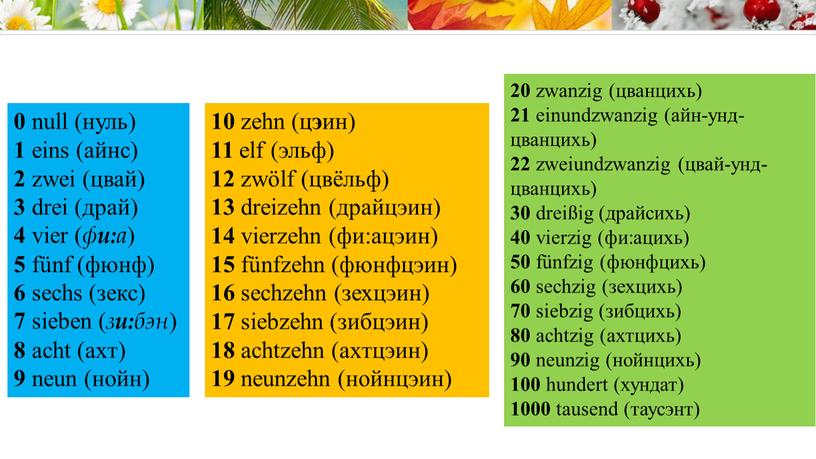 0 null (нуль) 1 eins (айнс) 2 zwei (цвай) 3 drei (драй) 4 vier ( ф и: а ) 5 fünf (фюнф) 6 sechs (зекс)…