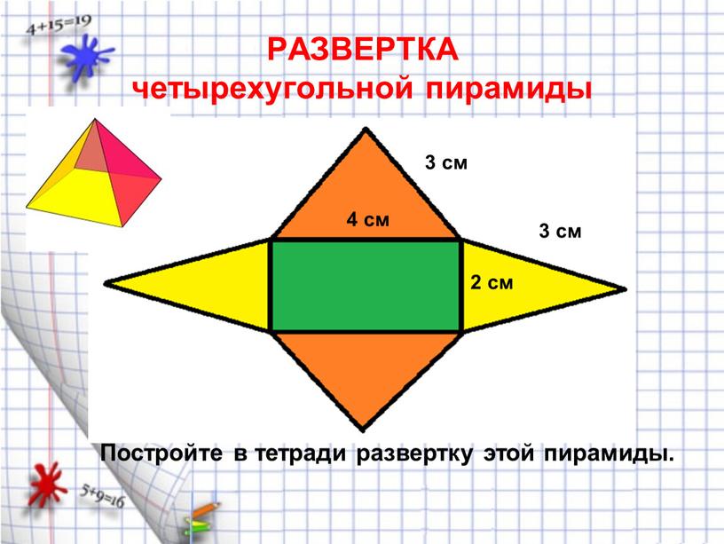 РАЗВЕРТКА четырехугольной пирамиды 3 см 3 см 4 см 2 см