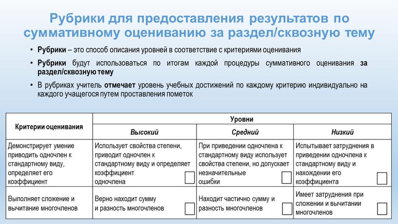 Рубрики для предоставления результатов по суммативному оцениванию за раздел/сквозную тему