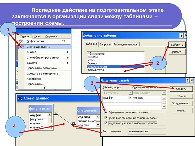 Последнее действие на подготовительном этапе заключается в организации связи между таблицами – построении схемы