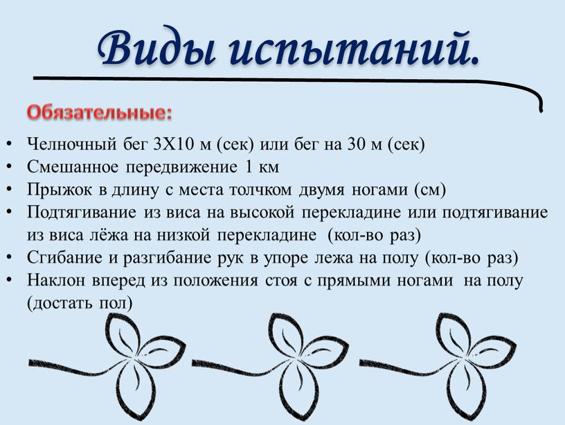 Виды испытаний. Обязательные: Челночный бег 3X10 м (сек) или бег на 30 м (сек)