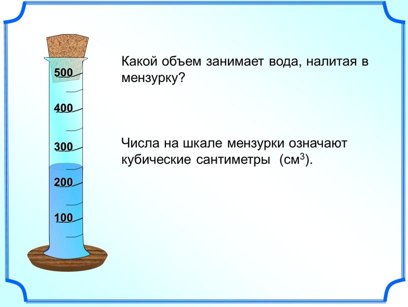 Какой объем занимает вода, налитая в мензурку?