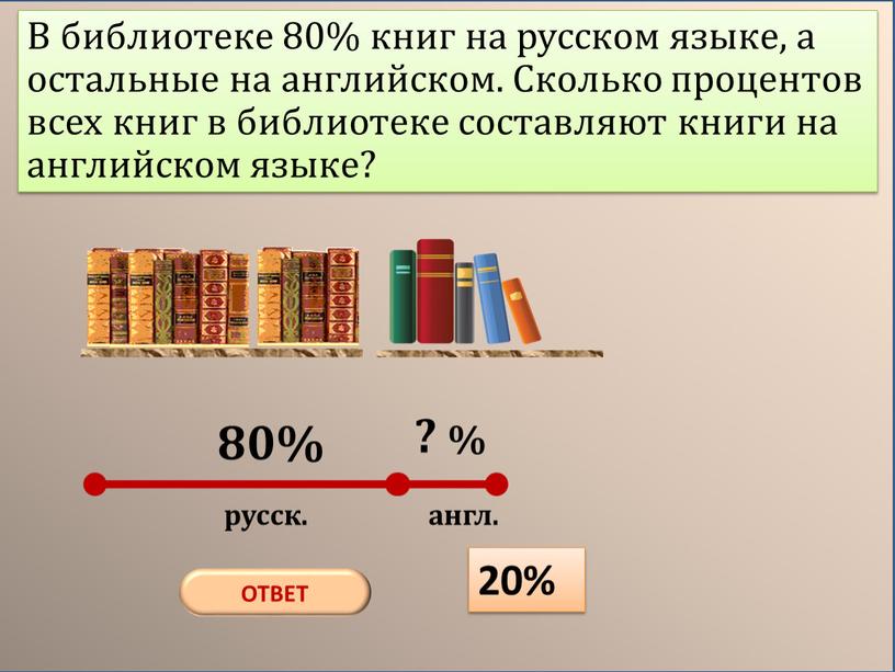 ОТВЕТ 20% В библиотеке 80% книг на русском языке, а остальные на английском