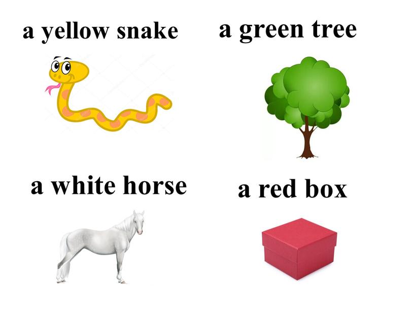 a yellow snake a white horse a green tree a red box