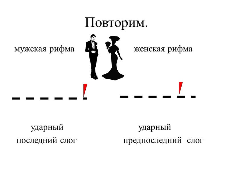 Повторим. мужская рифма ударный последний слог женская рифма ударный предпоследний слог