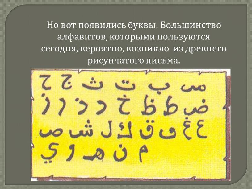 Но вот появились буквы. Большинство алфавитов, которыми пользуются сегодня, вероятно, возникло из древнего рисунчатого письма