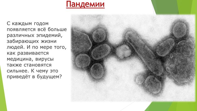 Пандемии С каждым годом появляется всё больше различных эпидемий, забирающих жизни людей