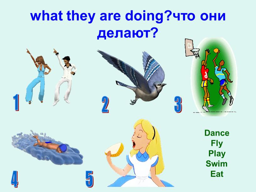 what they are doing?что они делают? 1 2 3 4 5 Dance Fly Play Swim Eat