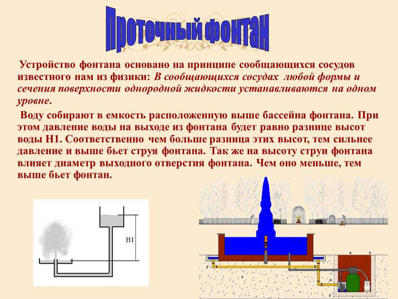 Проточный фонтан Устройство фонтана основано на принципе сообщающихся сосудов известного нам из физики: