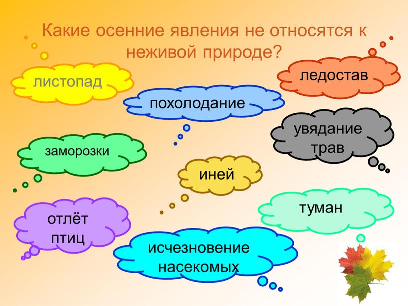 Какие осенние явления не относятся к неживой природе? листопад ледостав похолодание заморозки туман увядание трав иней отлёт птиц исчезновение насекомых