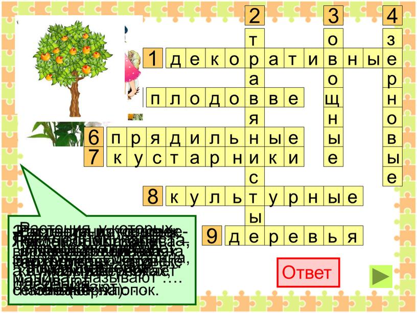 Ответ Растения, которые че- ловек выращивает на клумбах, цветниках, называют …