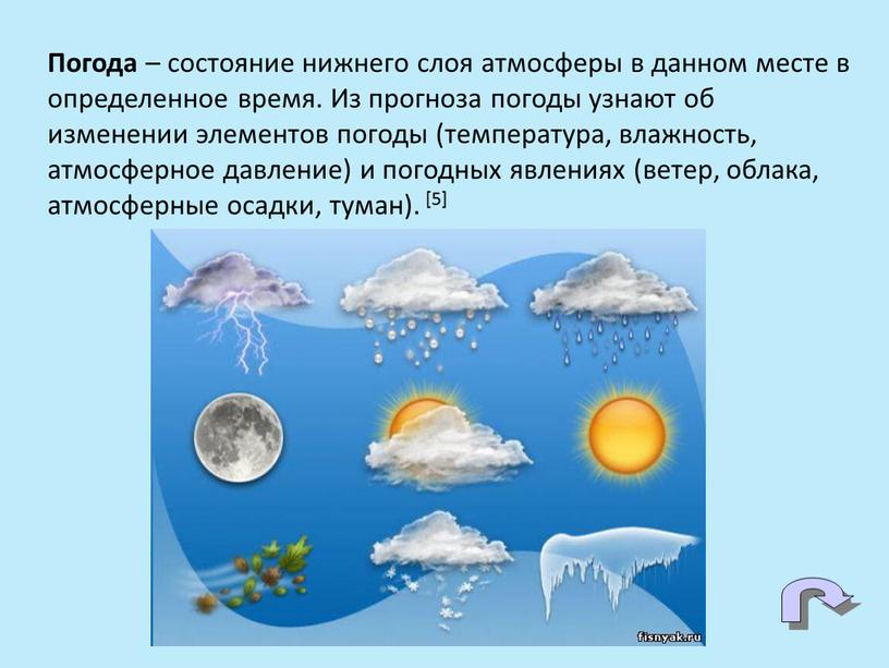 Погода – состояние нижнего слоя атмосферы в данном месте в определенное время