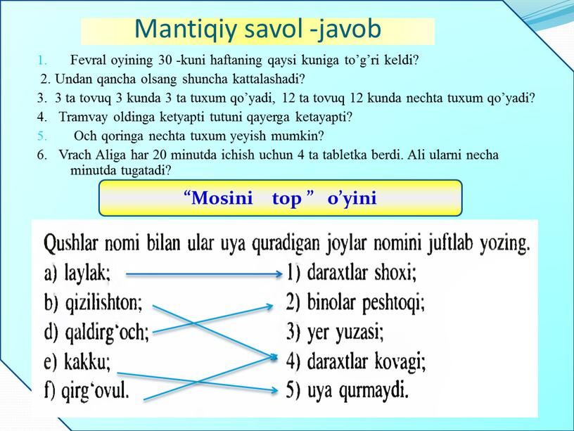 Mantiqiy savol -javob Fevral oyining 30 -kuni haftaning qaysi kuniga to’g’ri keldi? 2