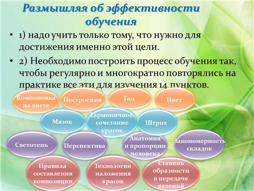 Размышляя об эффективности обучения 1) надо учить только тому, что нужно для достижения именно этой цели