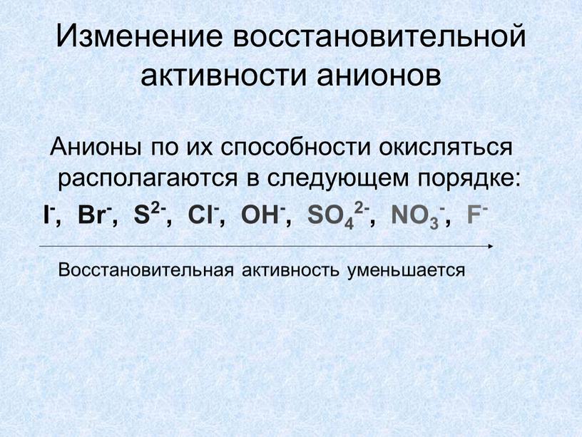 Изменение восстановительной активности анионов