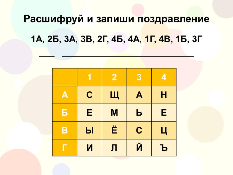 Расшифруй и запиши поздравление 1А, 2Б, 3А, 3В, 2Г, 4Б, 4А, 1Г, 4В, 1Б, 3Г ___ __________________________ 1 2 3 4