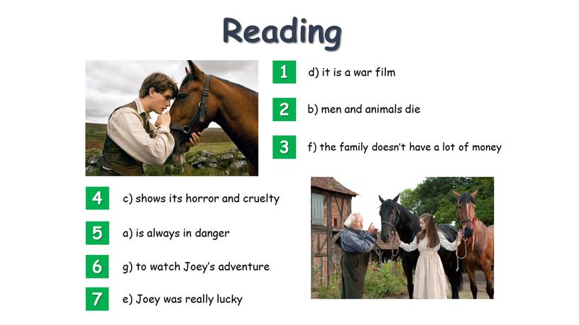 Reading 1 2 3 4 5 6 7 d) it is a war film b) men and animals die f) the family doesn’t have a…