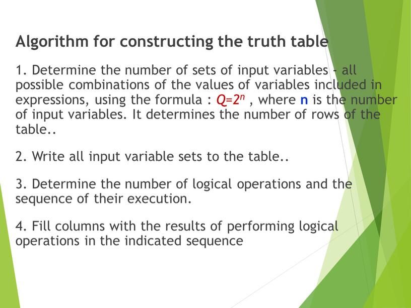 Algorithm for constructing the truth table 1