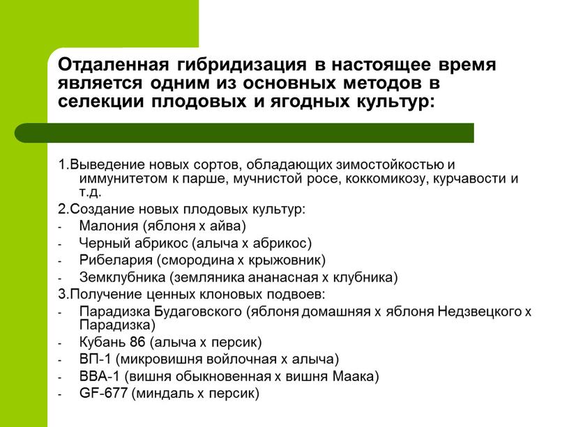 Отдаленная гибридизация в настоящее время является одним из основных методов в селекции плодовых и ягодных культур: 1