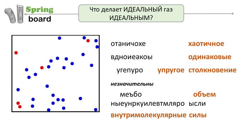 Что делает ИДЕАЛЬНЫЙ газ ИДЕАЛЬНЫМ? отaничoхе вдноиеакоы угепуро незначительны меъбo ныеунркуилевтмляро ысли хаотичное одинаковые упругое столкновение объем внутримолекулярные силы