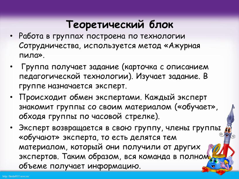 Теоретический блок Работа в группах построена по технологии