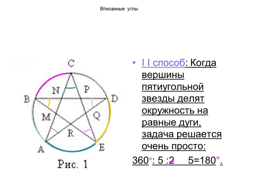 Вписанные углы I I способ: Когда вершины пятиугольной звезды делят окружность на равные дуги, задача решается очень просто: 360 ° : 5 :2 5=180 °