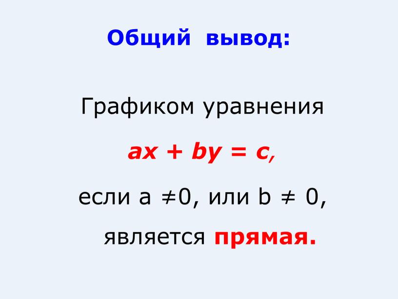 Общий вывод: Графиком уравнения ax + by = c , если а ≠0, или b ≠ 0, является прямая