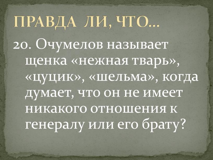 Очумелов называет щенка «нежная тварь», «цуцик», «шельма», когда думает, что он не имеет никакого отношения к генералу или его брату?