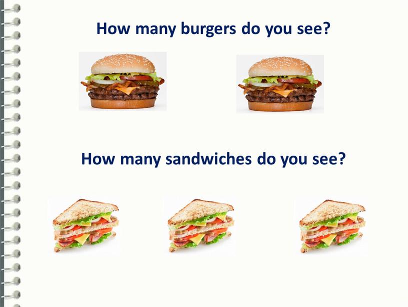 How many burgers do you see? How many sandwiches do you see?