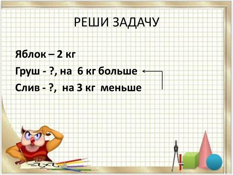 РЕШИ ЗАДАЧУ Яблок – 2 кг Груш - ?, на 6 кг больше