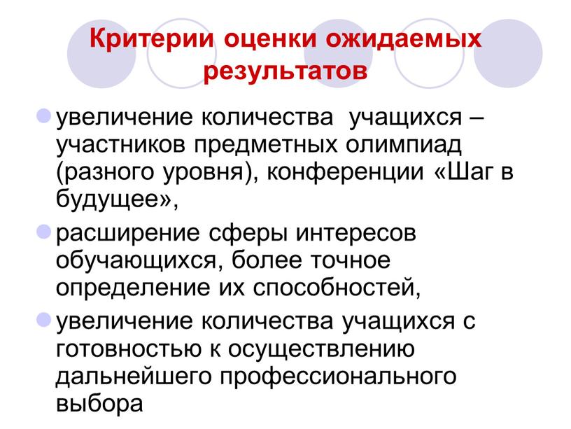 Критерии оценки ожидаемых результатов увеличение количества учащихся – участников предметных олимпиад (разного уровня), конференции «Шаг в будущее», расширение сферы интересов обучающихся, более точное определение их…