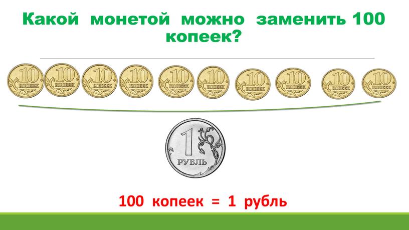 Какой монетой можно заменить 100 копеек? 100 копеек = 1 рубль