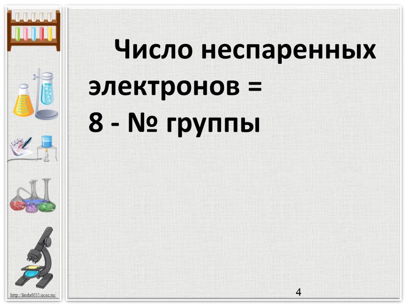 Число неспаренных электронов = 8 - № группы 4