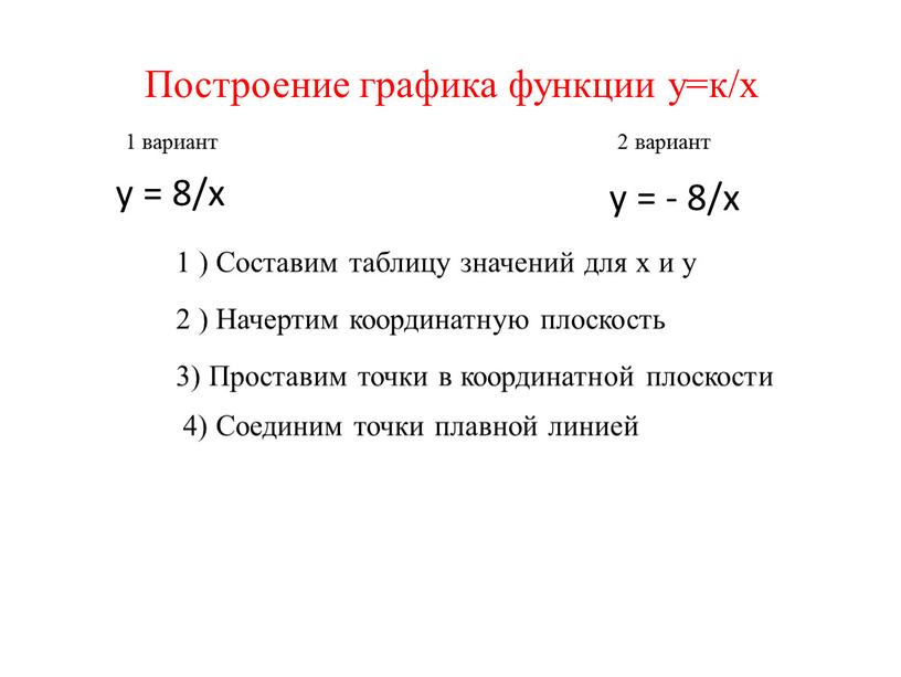 Построение графика функции у=к/х у = 8/х 1 вариант 2 вариант у = - 8/х 1 )