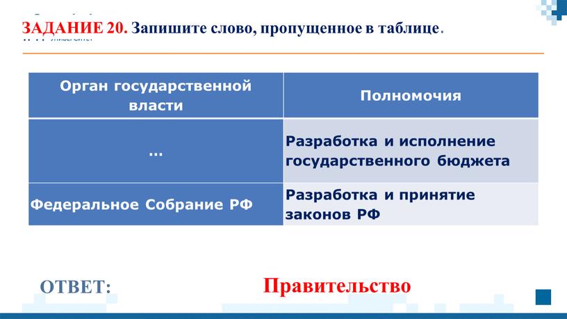 ОТВЕТ: Правительство ЗАДАНИЕ 20