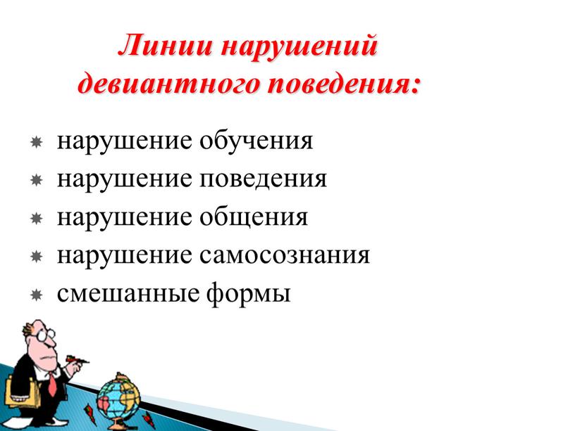 Линии нарушений девиантного поведения: нарушение обучения нарушение поведения нарушение общения нарушение самосознания смешанные формы