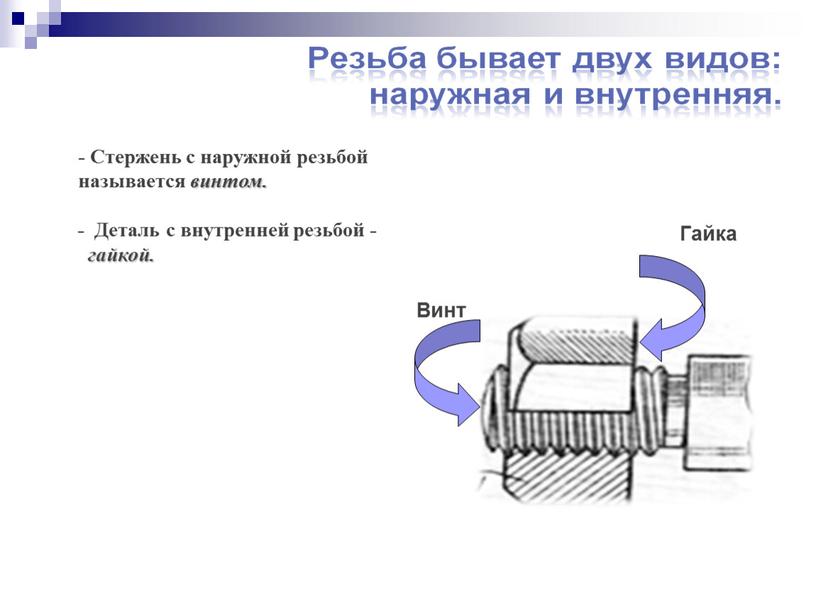 Стержень с наружной резьбой называется винтом