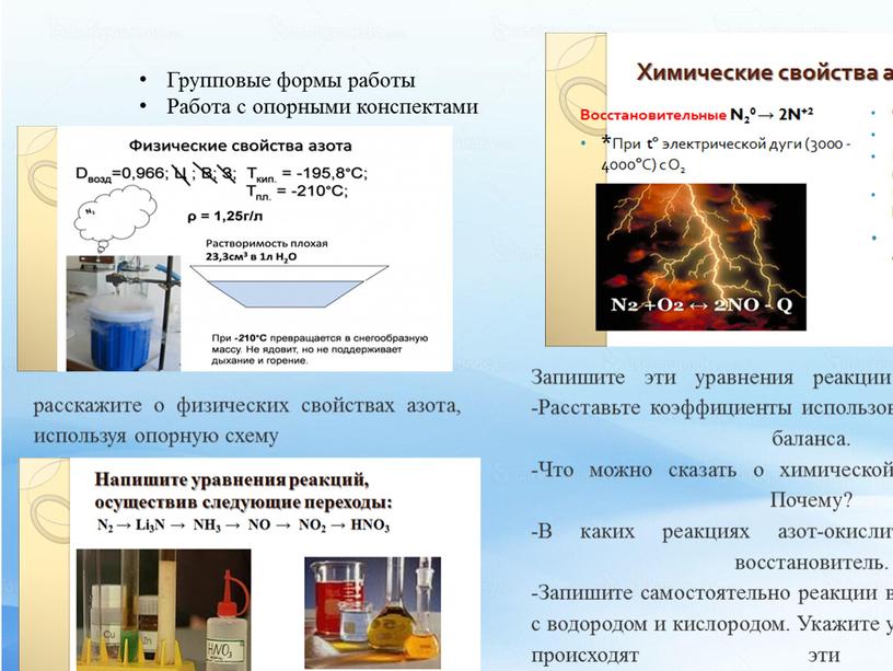 Групповые формы работы Работа с опорными конспектами расскажите о физических свойствах азота, используя опорную схему