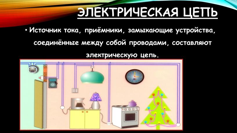 Электрическая цепь Источник тока, приёмники, замыкающие устройства, соединённые между собой проводами, составляют электрическую цепь